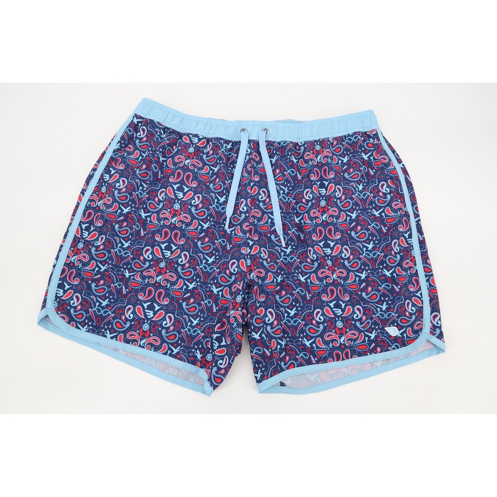 Burlebo Swim Trunks Mens 2XL Navy Blue Paisley Fishing Print Stretch Shorts XXL